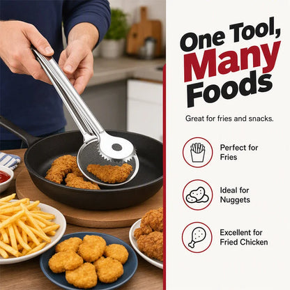 2-in-1 Stainless Steel Frying Strainer Tongs – Grip Drain & Serve