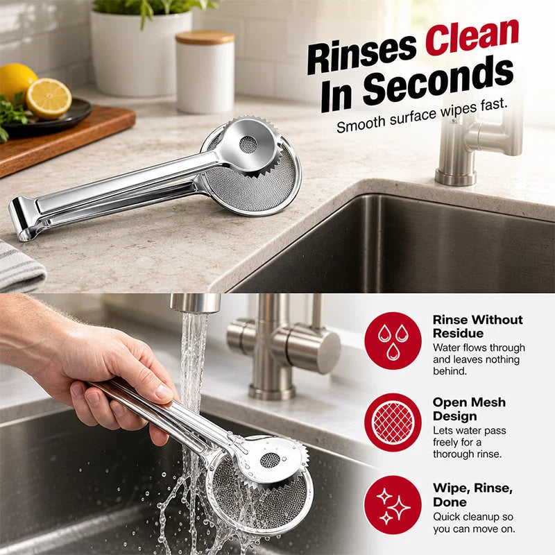 2-in-1 Stainless Steel Frying Strainer Tongs – Grip Drain & Serve