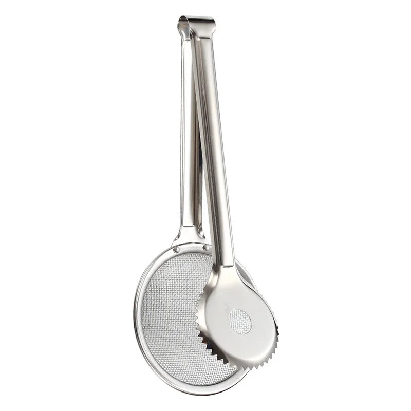 2-in-1 Stainless Steel Frying Strainer Tongs – Grip Drain & Serve